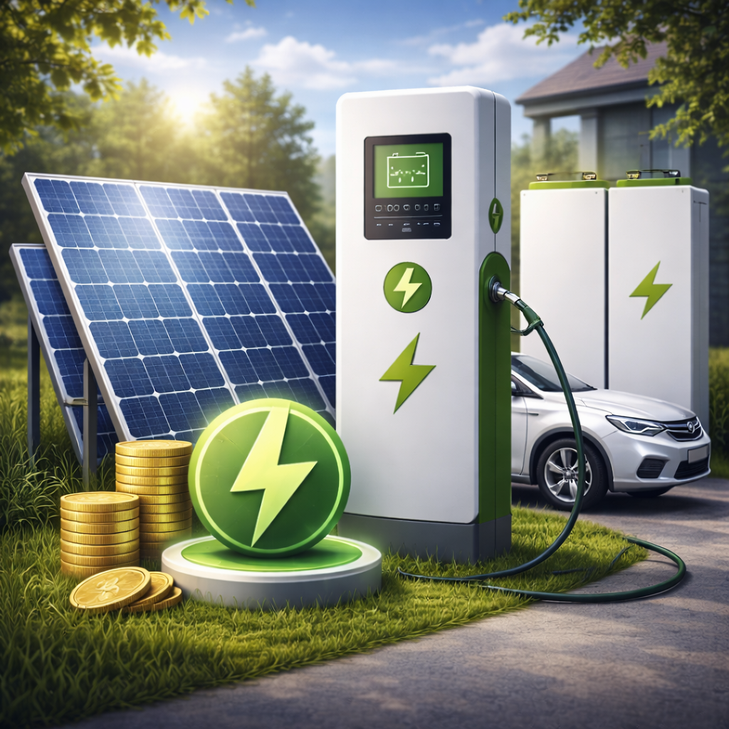 Solar panels connected to an electric vehicle charging station with a charging car, coins, and energy symbols in a green outdoor setting.