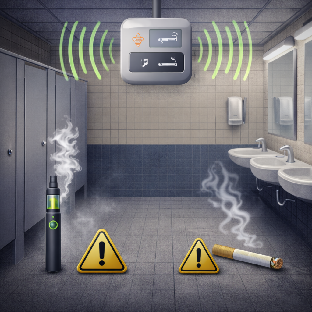 A bathroom with lockers, sinks, and mirrors, showing smoke from an electronic cigarette and a traditional cigarette, with warning signs and a smoke detector in the ceiling.