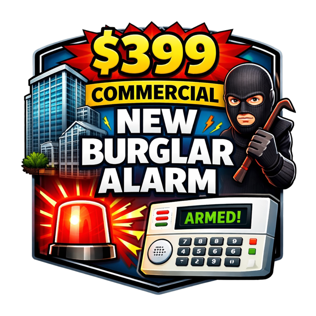 Advertisement for a new burglar alarm system for $399, featuring a masked burglar holding a crowbar, a building, an alarm with flashing lights, and a keypad with 'Armed!' displayed.