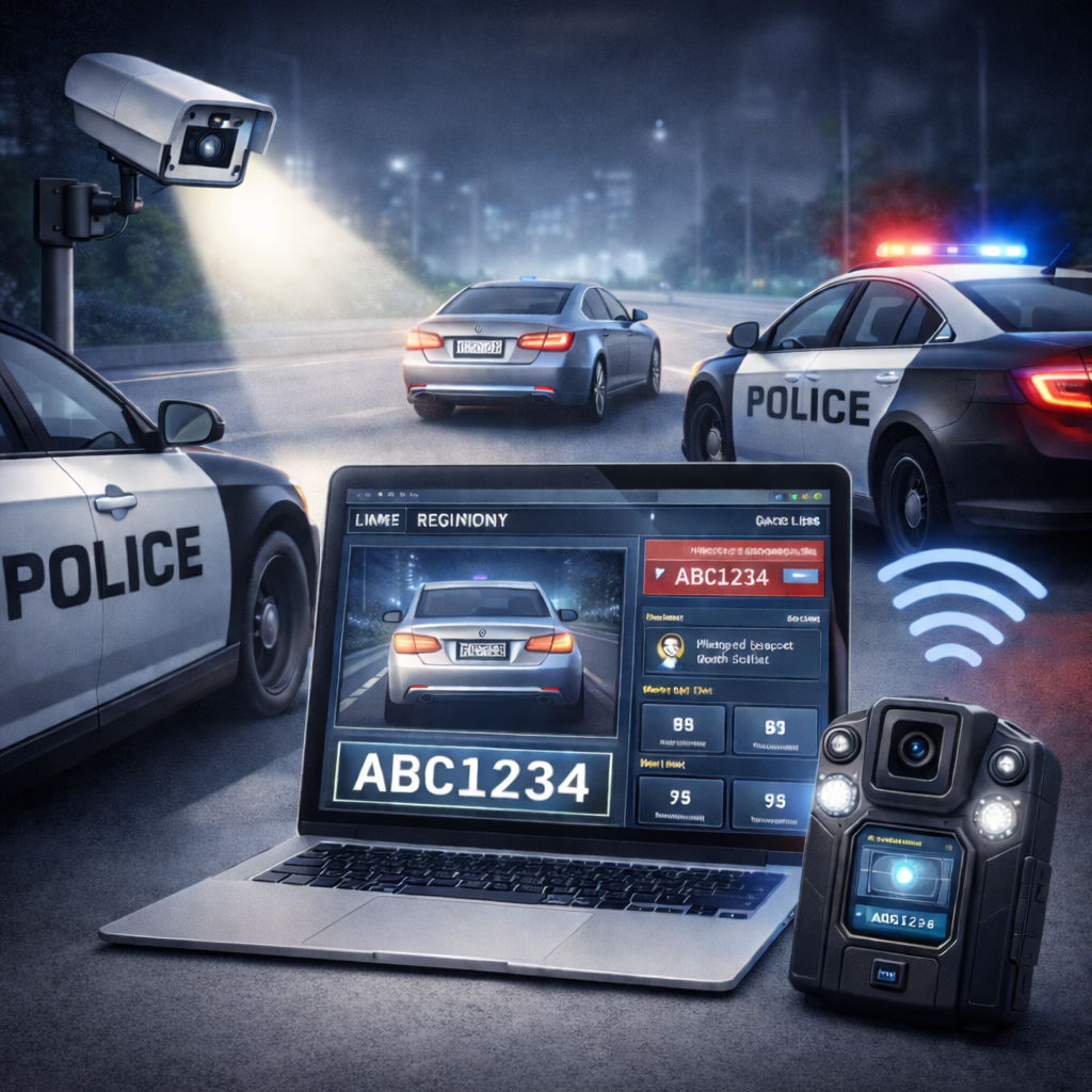 Close-up of a laptop and camera equipment showing a police car's license plate being monitored and verified for law enforcement purposes during a traffic stop at night on a highway.