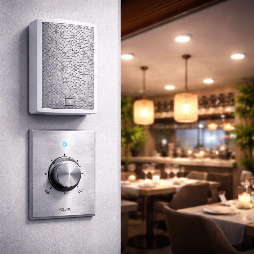 Close-up of a wall-mounted speaker and volume control knob in a restaurant with cozy lighting and dining tables in the background.