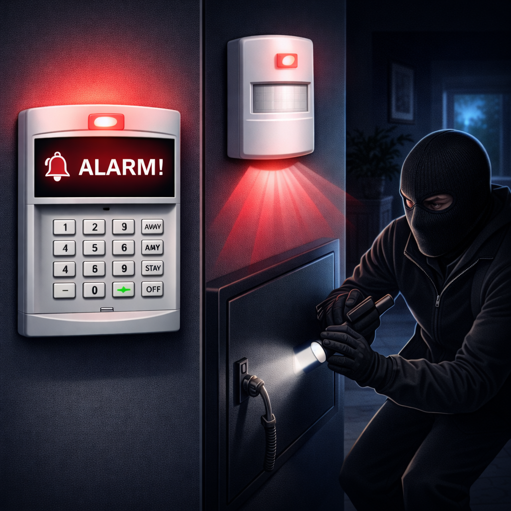 A person wearing a black ski mask and gloves is using a flashlight to check a security keypad, while a burglar alarm system with an alarm message and sensor are mounted on the wall.