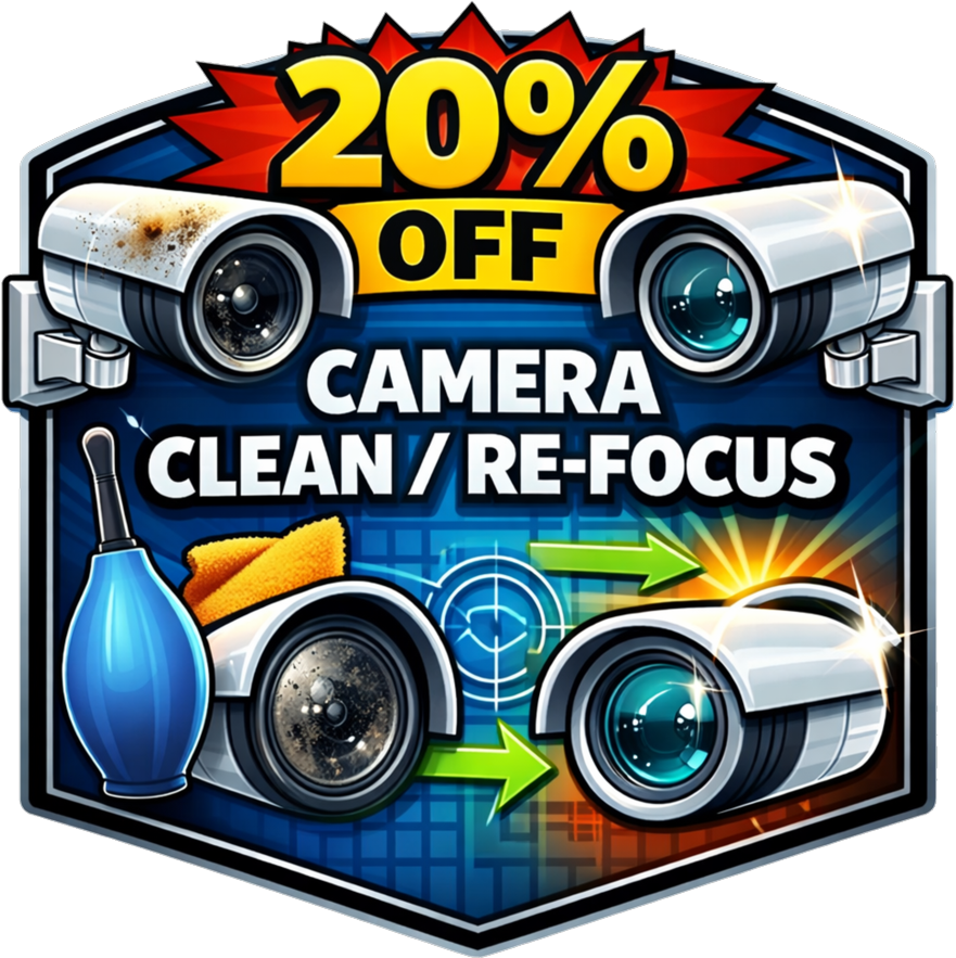 A digital graphic promoting a 20% discount on camera cleaning and re-focusing services, featuring illustrations of surveillance cameras, cleaning tools, a target symbol, and arrows indicating camera improvement.