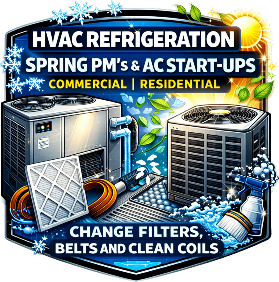 Illustration of air conditioning maintenance for HVAC refrigeration, focusing on changing filters, belts, and cleaning coils, with winter and spring themes.