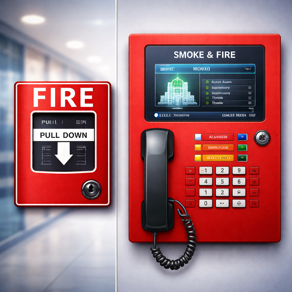 A red fire alarm pull station labeled 'FIRE' on the left and a red fire emergency telephone with a digital display on the right, mounted on a gray wall.