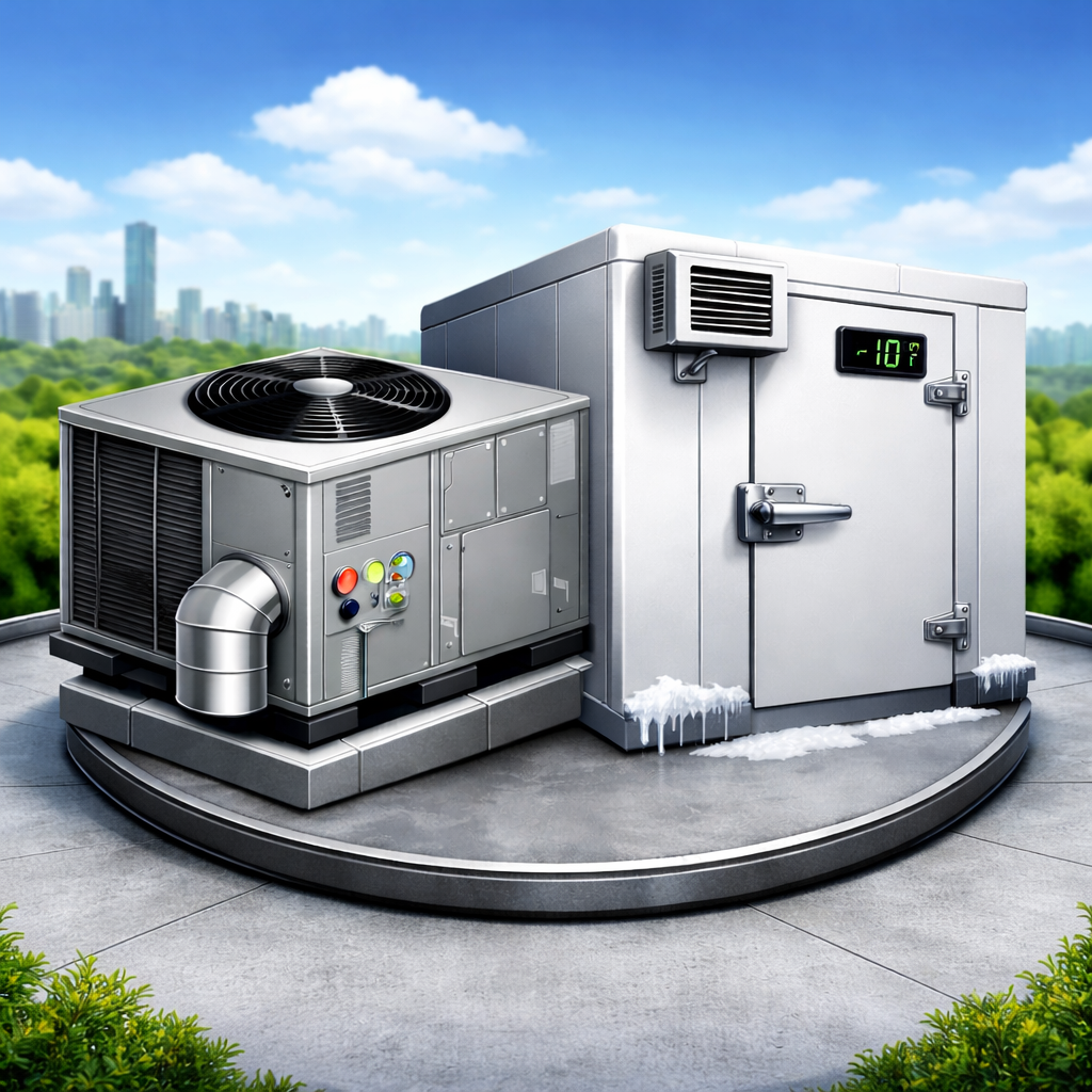 Rooftop HVAC unit with a cooling system, showing a temperature of -10°F, with snow and ice on the ground and visible city skyline in the background.