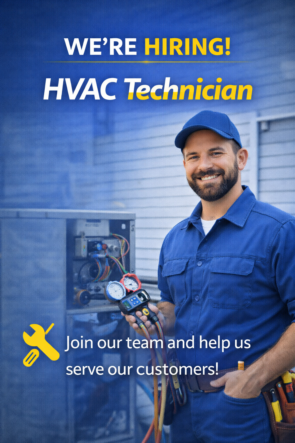 A smiling HVAC technician with a beard wearing a blue uniform and cap, holding a digital multimeter, standing outside near an HVAC unit, with a sign that says "We're Hiring! HVAC Technician" and a yellow wrench icon, encouraging people to join the team.