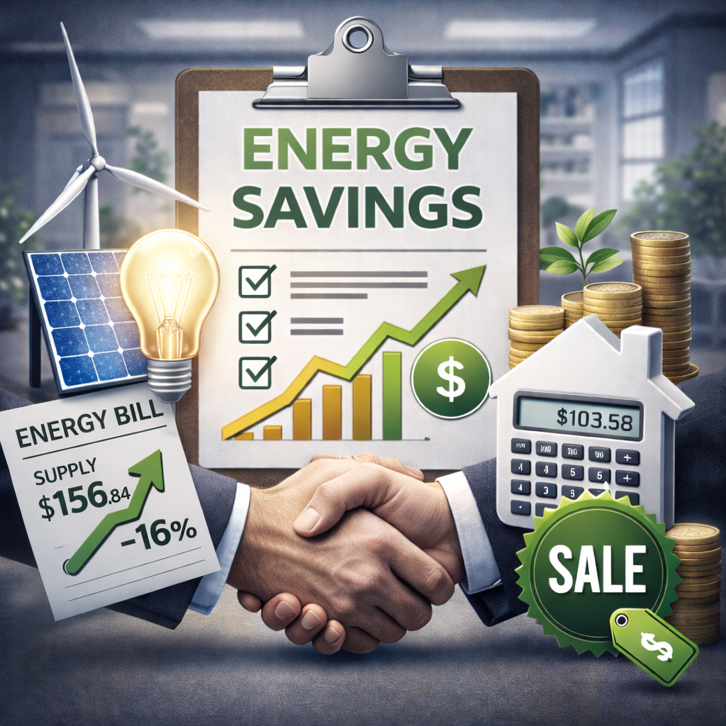 A graphic promoting energy savings, showing a handshake, solar panel, wind turbine, energy bill, stacked coins with a plant, house with a calculator, and sale tag.