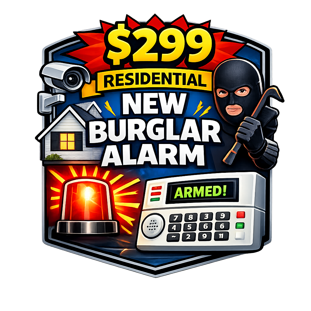 Promotion for a $299 residential burglar alarm system featuring a masked burglar holding a crowbar, a house with lit windows, a security camera, a flashing alarm light, and the word "ARMED!" on a control panel.