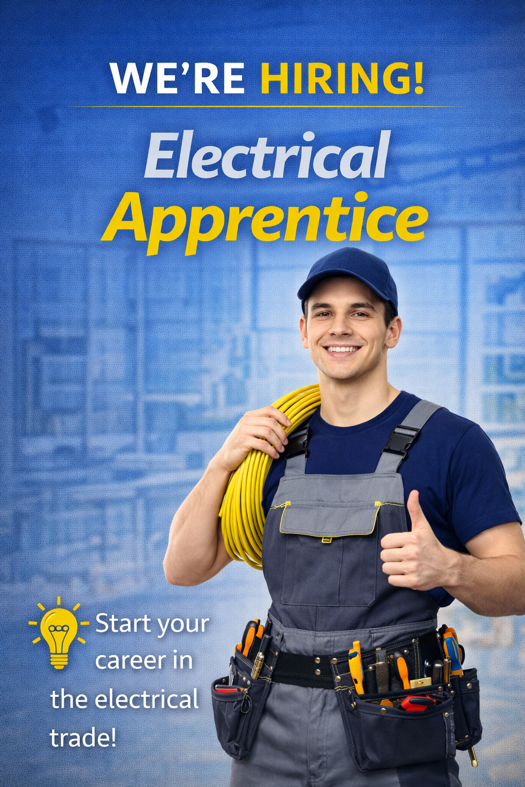 A smiling young man dressed in work overalls and a cap, holding yellow electrical cables on his shoulder, standing in front of a blue background with a faint cityscape. The text reads 'We're Hiring! Electrical Apprentice' with a lightbulb icon and 'Start your career in the electrical trade!'