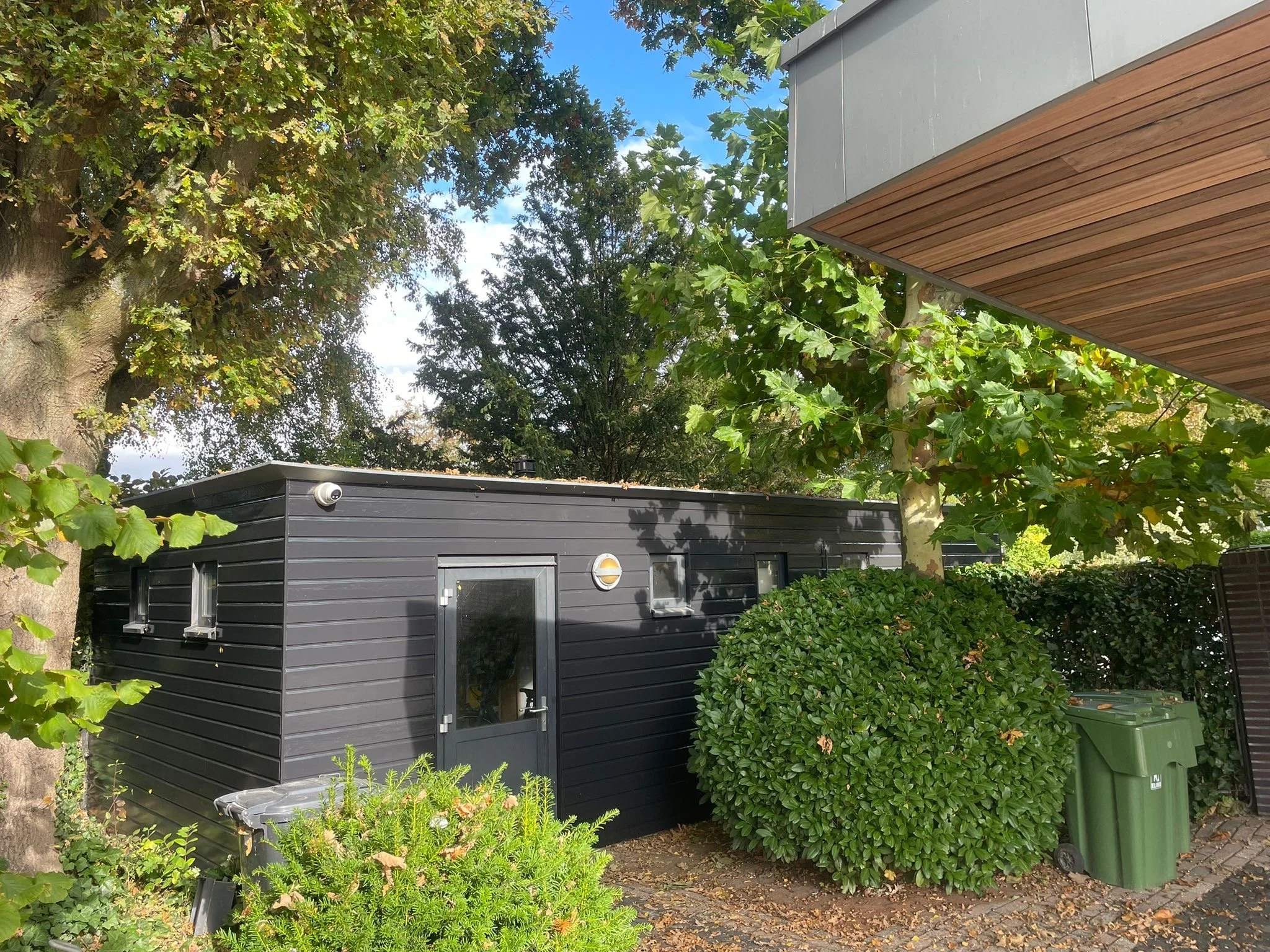 Een klein zwart schuurtje met twee kleine ramen en een deur, omringd door groene struiken en bomen, met een groene afvalbak voor de schuurtje en een grotere boom links.