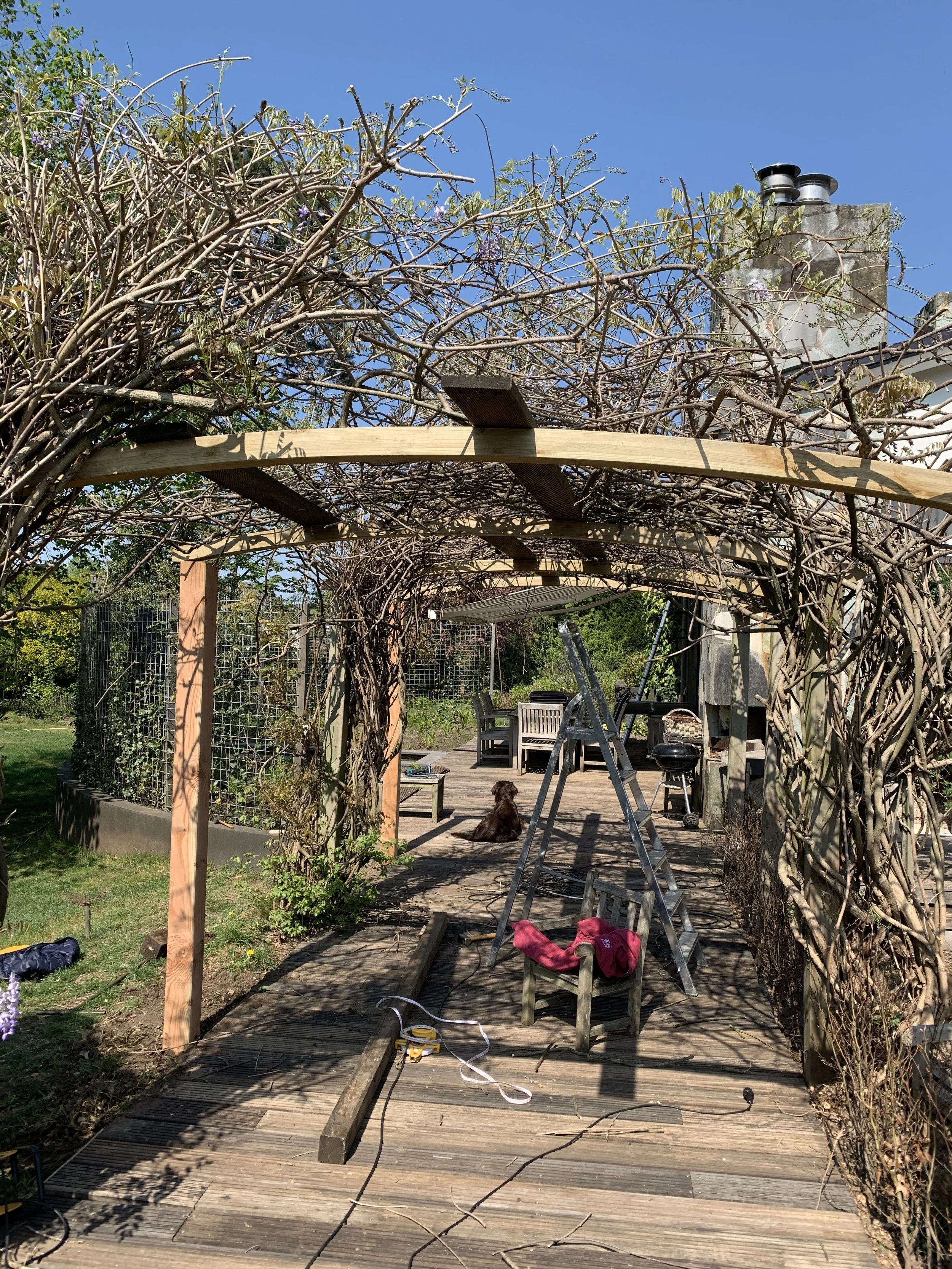 Tuin met houten terras, overkapping van takken en bamboe, ladder, tuinstoel met een roze doek, hond ligt op het terras, planten en tuinmeubilair op de achtergrond.