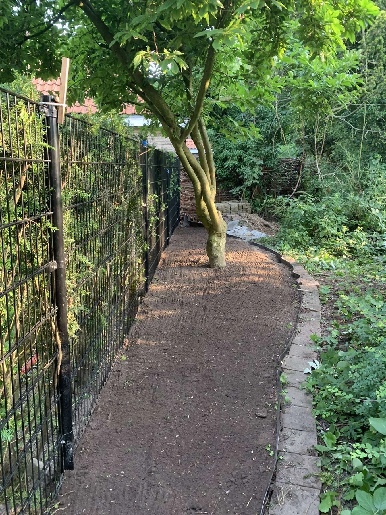 Een lege zwembadkuip op een houten terras, omgeven door groene struiken en bomen, met enkele gereedschappen en materialen aan de rand.