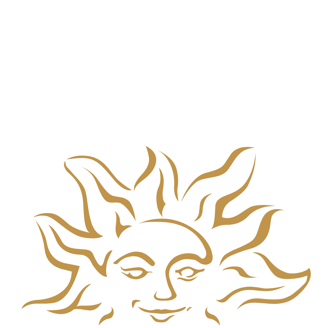 Un dessin stylisé représentant un soleil, en lignes dorées