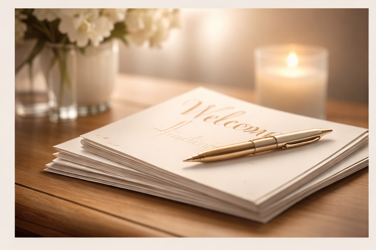 Un carnet ou un album avec le mot « Welcome » écrit dessus, posé sur une table en bois, avec un stylo doré dessus, un mur lumineux en arrière-plan, une bougie allumée et un bouquet de fleurs blanches dans un vase.