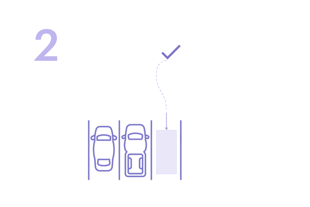 Minimal line illustration of an available parking space beside parked cars, with a subtle checkmark indicating successful booking. Soft purple monochrome styl