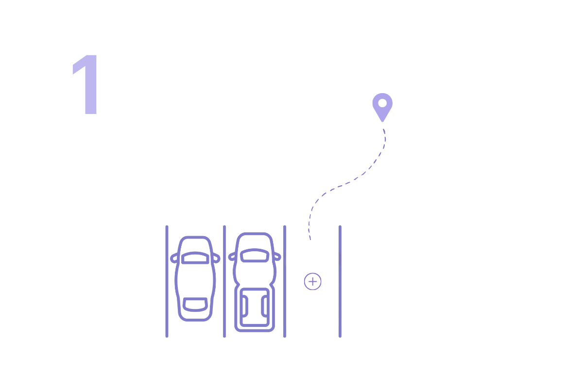 Top-down illustration of a parking lot with two parked cars and a designated parking spot marked with a plus sign. A dashed line leads from the parking area to a location marker.
