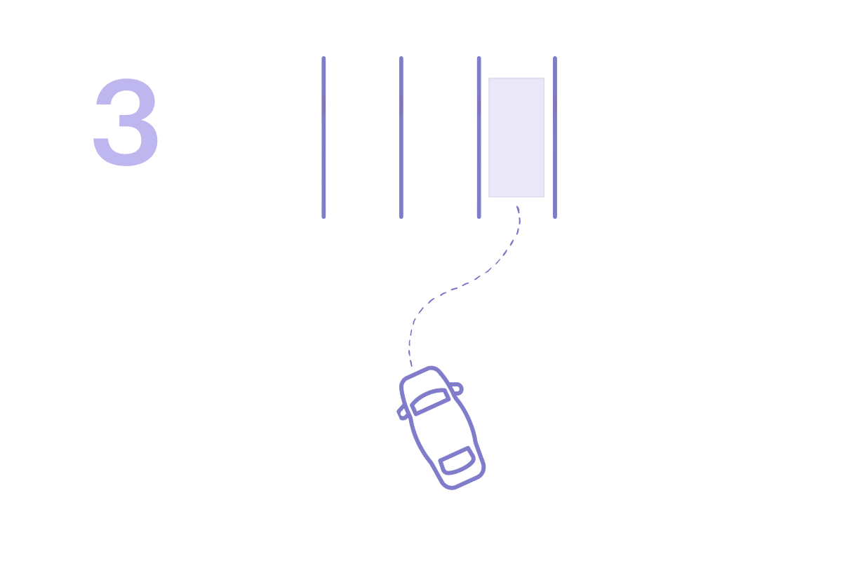 Minimal line illustration of a car smoothly arriving at a reserved parking spot. Soft purple monochrome style with a dotted navigation line and minimal Scandinavian tech aesthetic.