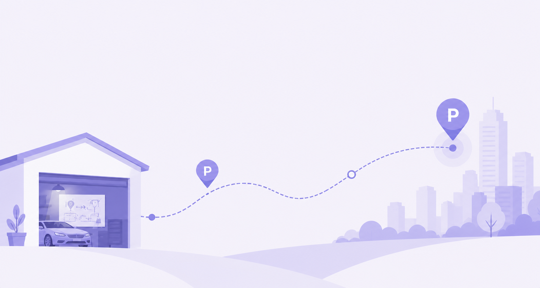 Illustration of a garage with a parked car connected by a dotted line to parking pins in a nearby city. Minimal line art in a soft purple monochrome style with a clean Scandinavian tech aesthetic.