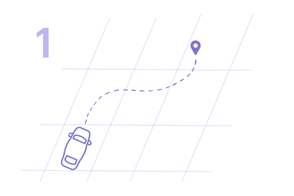 Minimal line illustration of a car navigating toward an available parking spot on a simplified parking map. Soft purple monochrome style with a dotted route line.