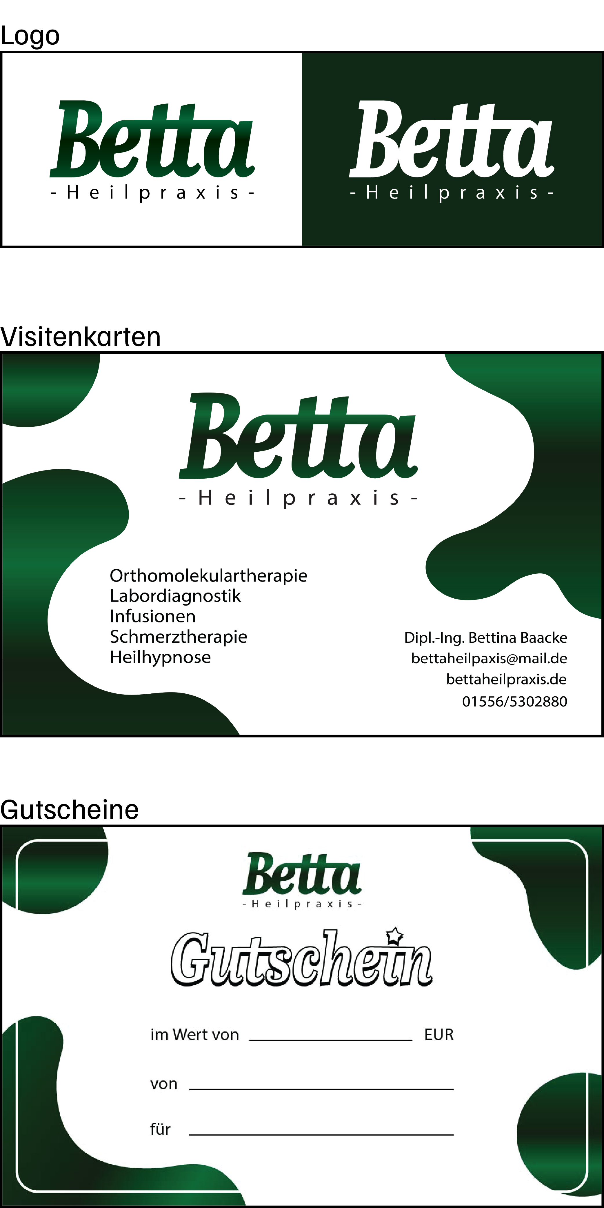 Ein Grafikdesign showcase für Betta - Logo und Visitenkarte und Gutschein. Das Projekt: Betta wurde von MifebaDesign übernommen, eine Grafikdesignwebsite auf der man Grafikdesigns für Logos, Flyer, Visitenkarten, Websiten etc. erwerben kann.