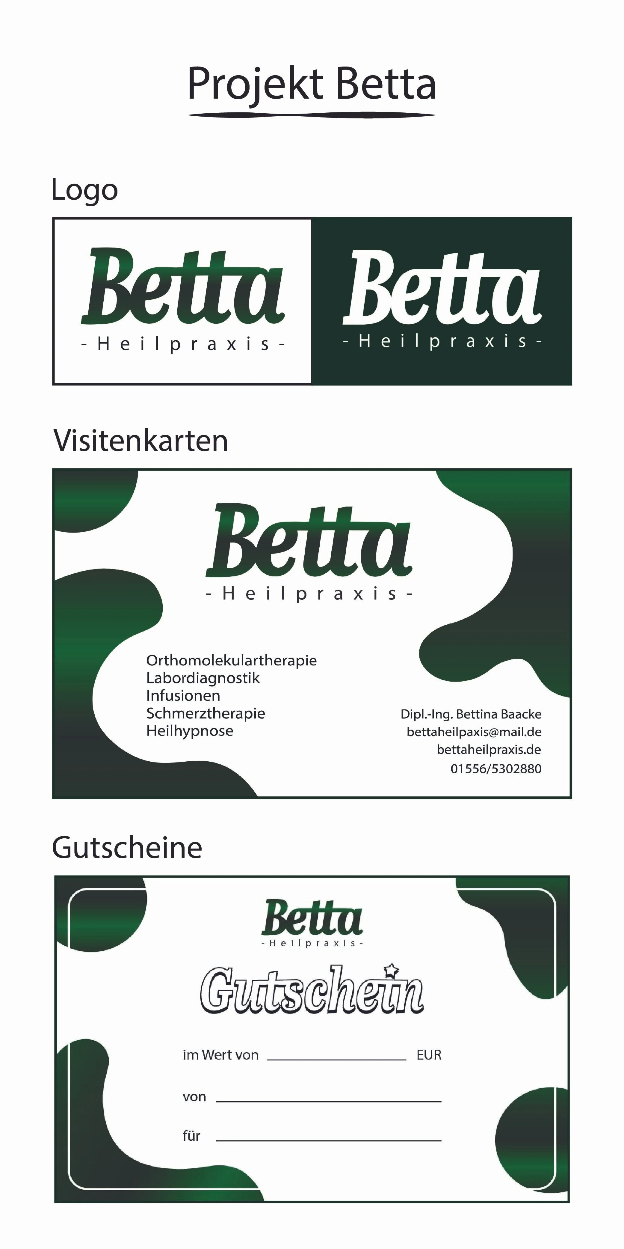 Visitenkarten, die das Logo und Kontaktinformationen einer Heilpraxis namens 'Betta' zeigen, inklusive Dienstleistungen wie Orthomolekulare Therapie, Labordiagnostik, Infusionen, Schmerztherapie und Heilpne.