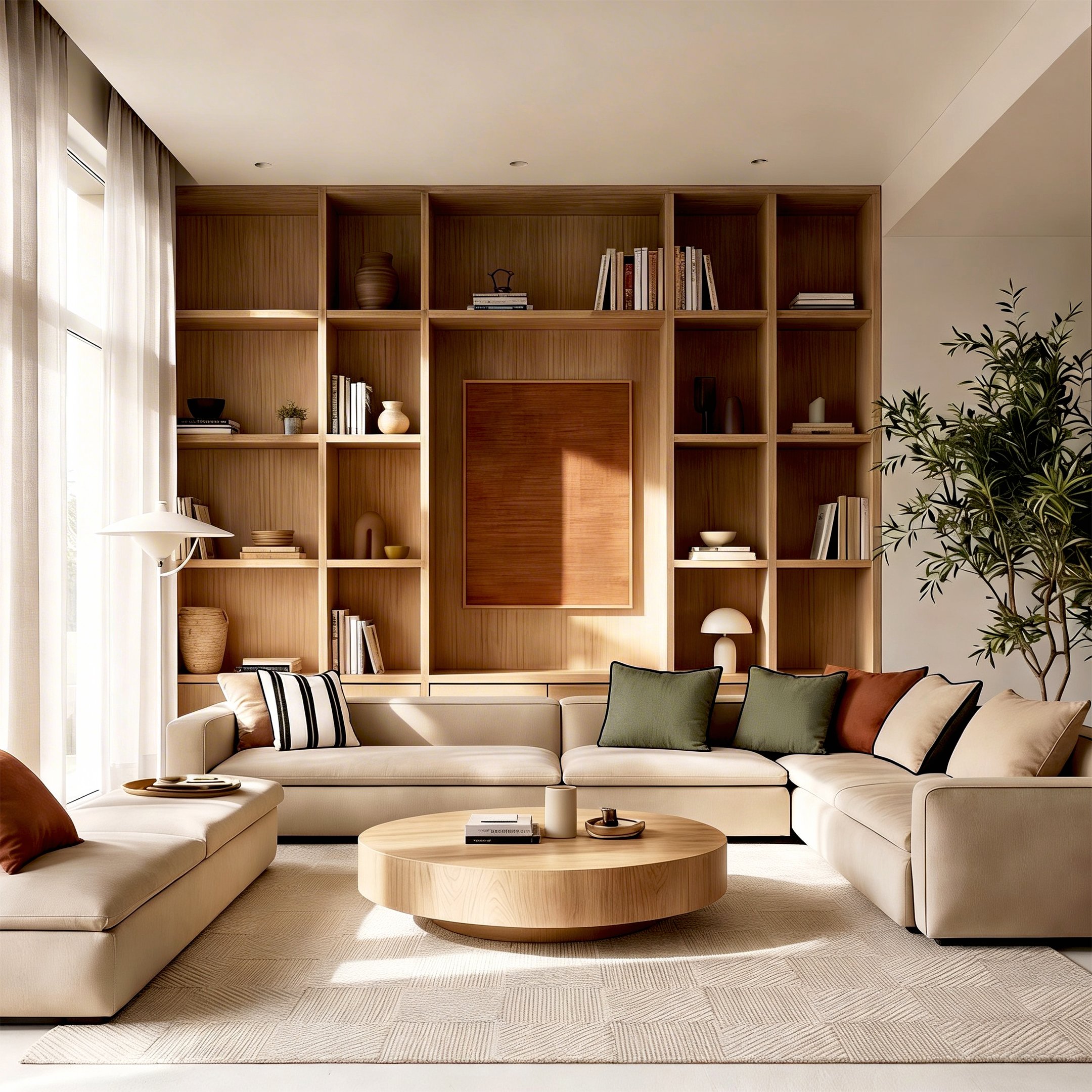 Diseño de salón moderno en vivienda en Bilbao con estilo contemporáneo, combinación de tonos neutros y materiales naturales. Proyecto de interiorismo que maximiza la luz natural y crea un espacio acogedor y funcional para el día a día.