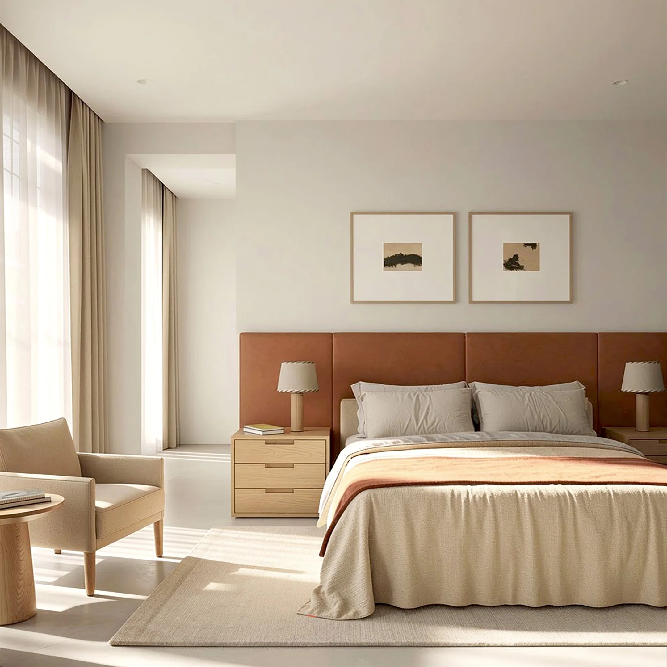 Dormitorio acogedor en vivienda en Bizkaia con diseño interior personalizado, paleta de colores suaves y mobiliario a medida. Proyecto de interiorismo enfocado en el descanso y la armonía del espacio.