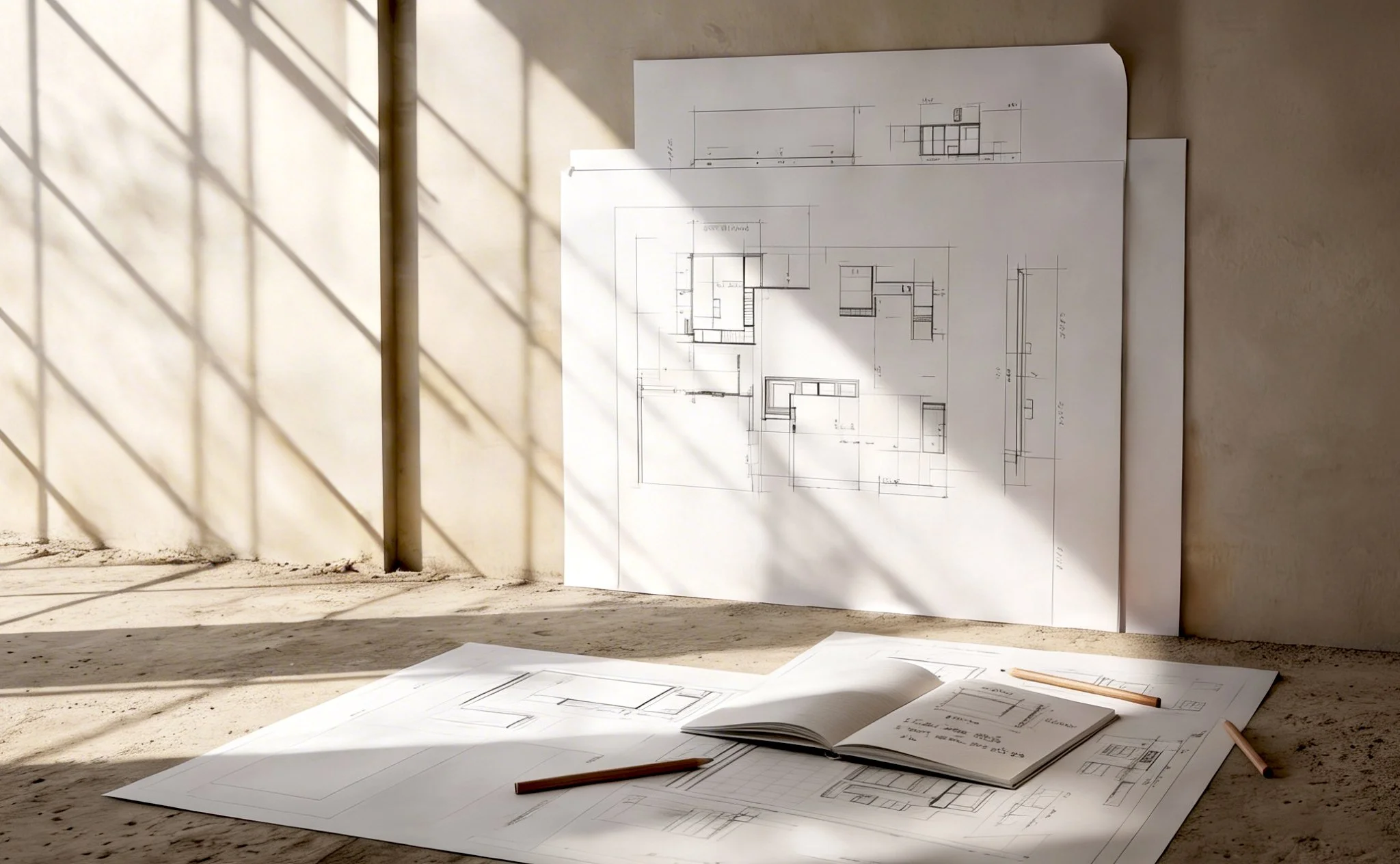 planos técnicos y de detalle en obra de reforma integral de vivienda con luz natural, proceso de interiorismo y diseño de espacios en Bizkaia