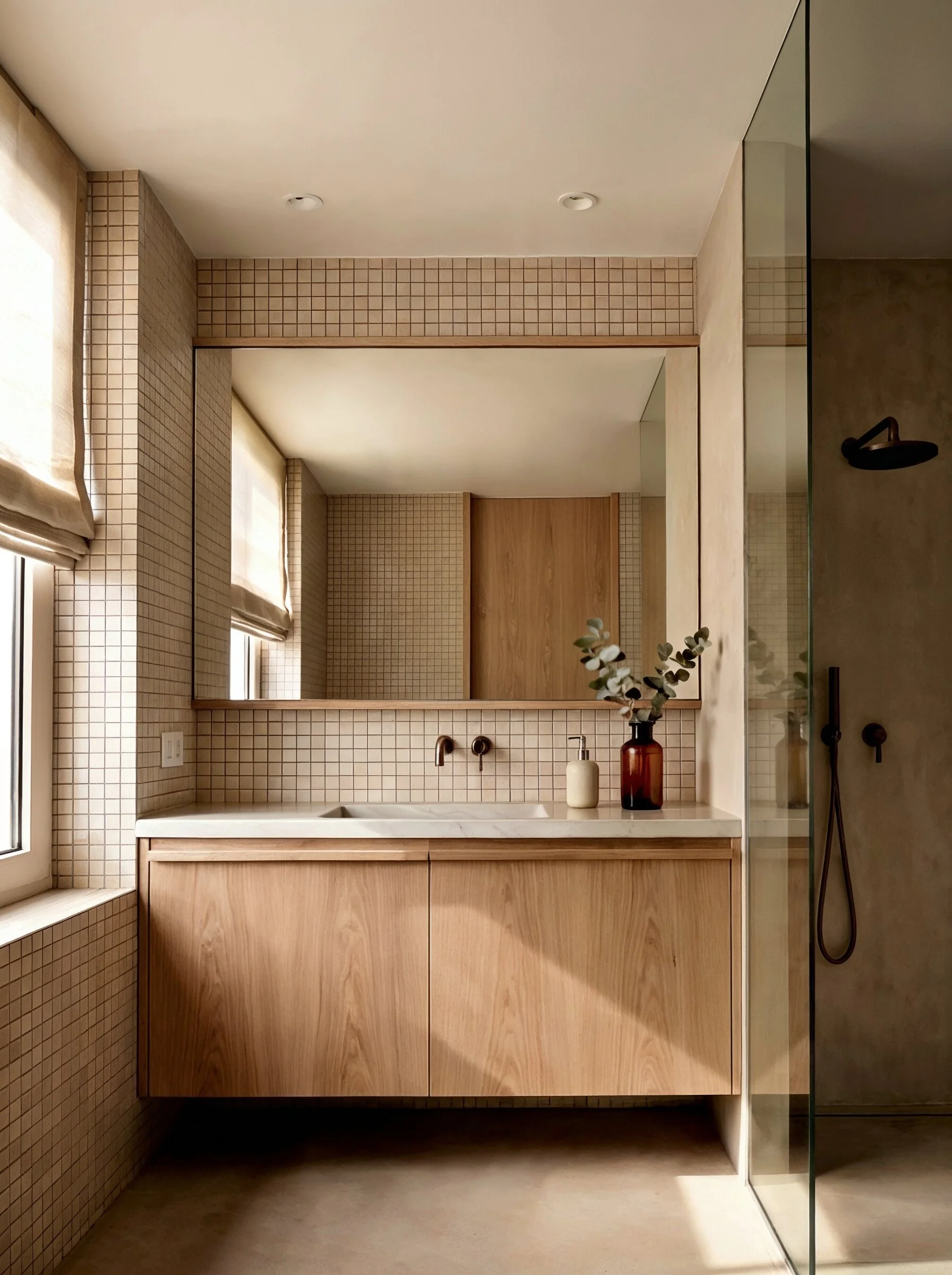 Baño moderno diseñado en Bilbao con líneas minimalistas, iluminación cuidada y materiales duraderos. Reforma integral que transforma el espacio en un ambiente relajante y sofisticado.