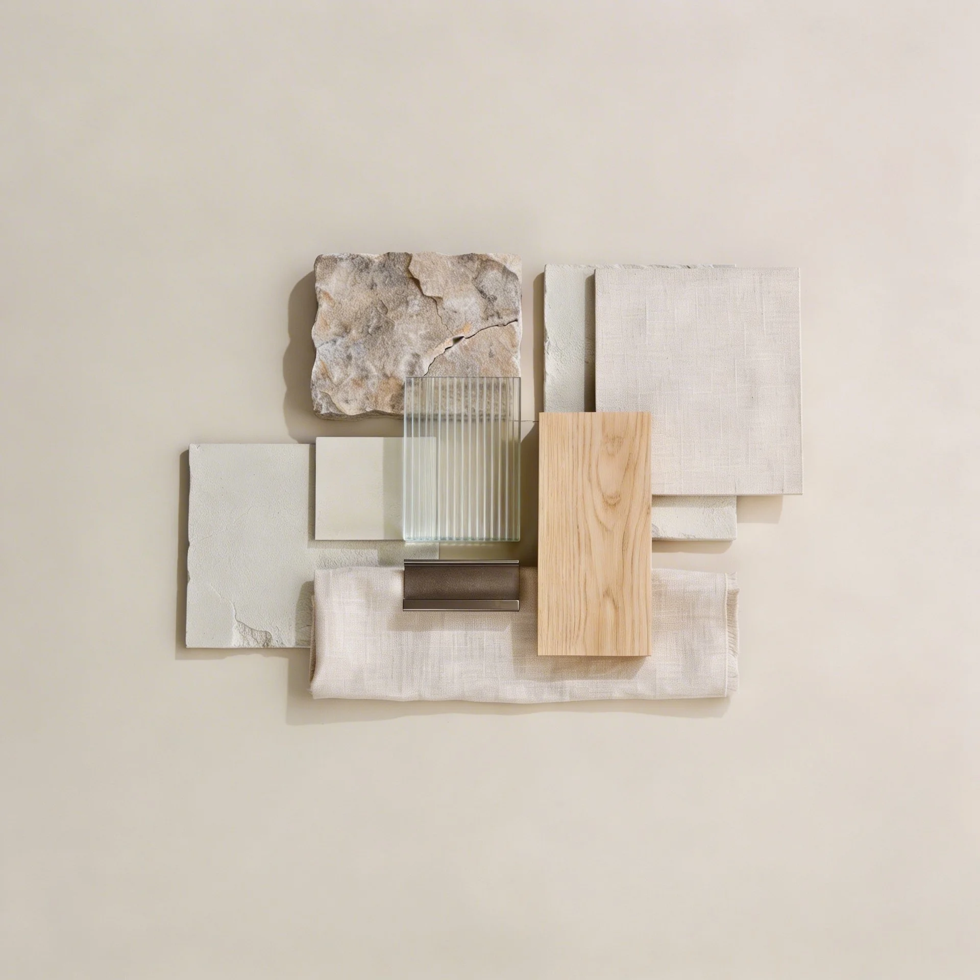 moodboard de materiales con madera, piedra y textiles en tonos neutros para proyecto de interiorismo y decoración de vivienda en País Vasco