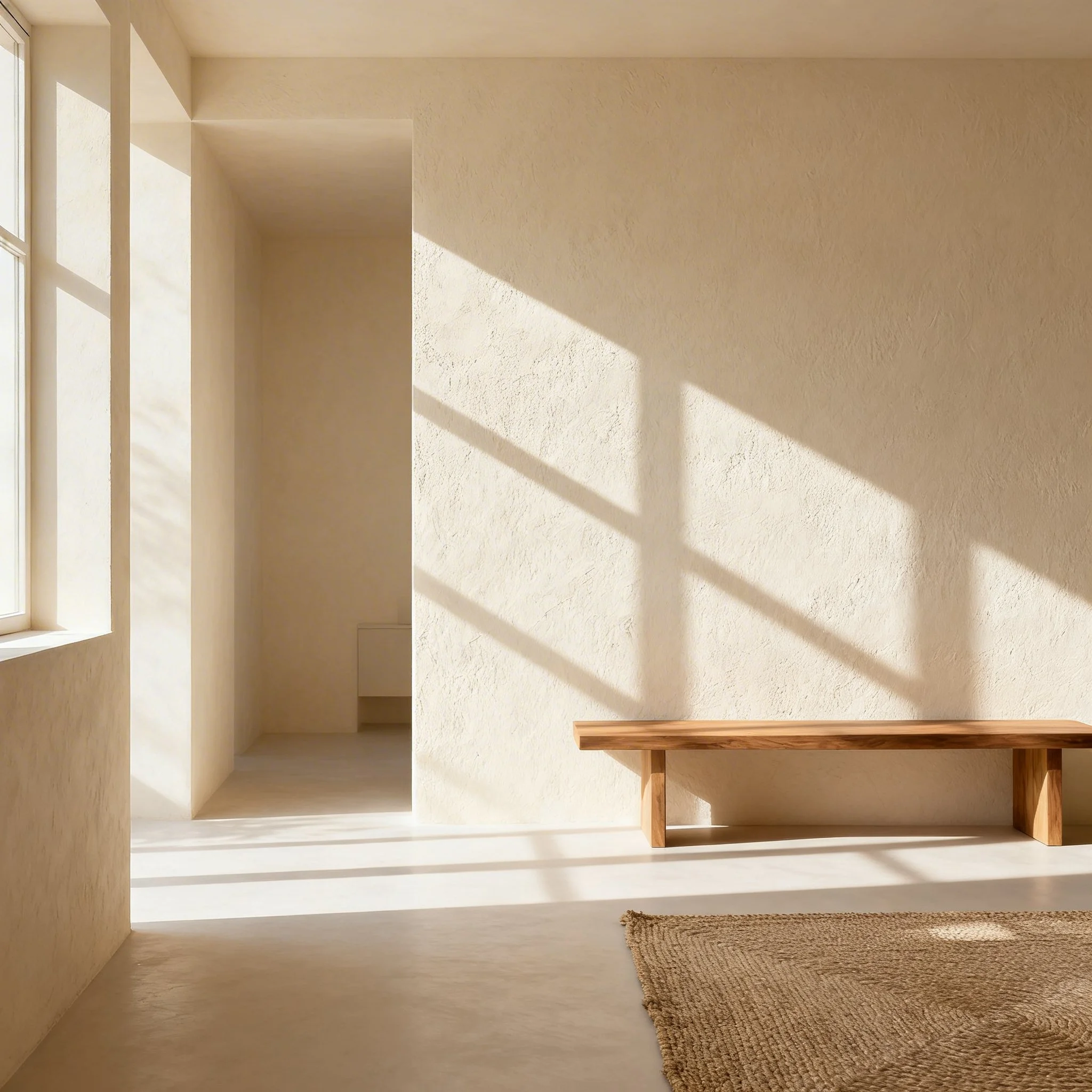 interior minimalista con luz natural y materiales neutros, proyecto de interiorismo residencial sereno y atemporal