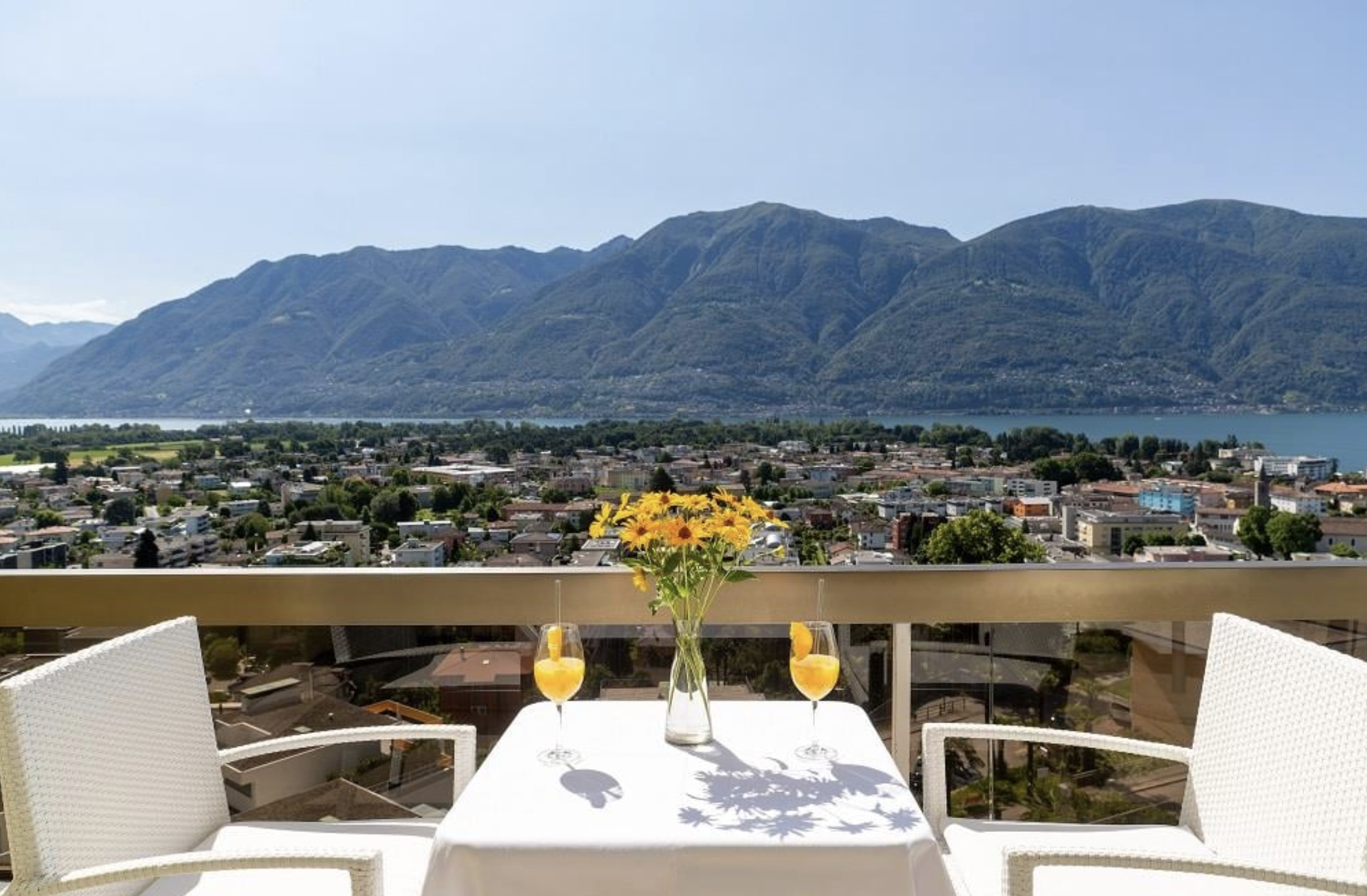 Panoramic view of Monte Verità from a terrace at Hotel Ascona in Ascona, Switzerland.