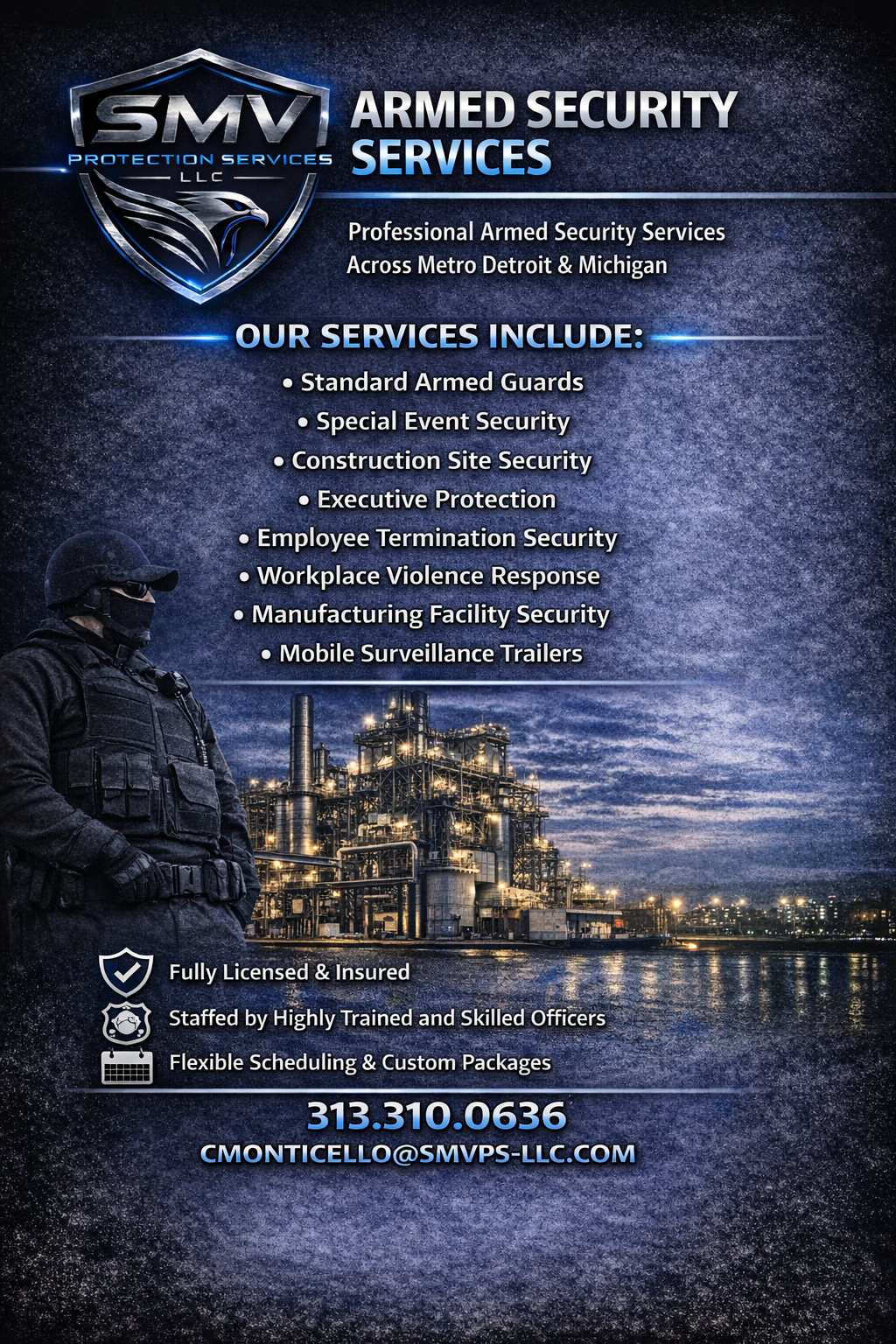 SMV Protection Services LLC provides armed security across Metro Detroit and Michigan, including manufacturing, employee terminations, labor disputes, executive protection, and workplace safety services.