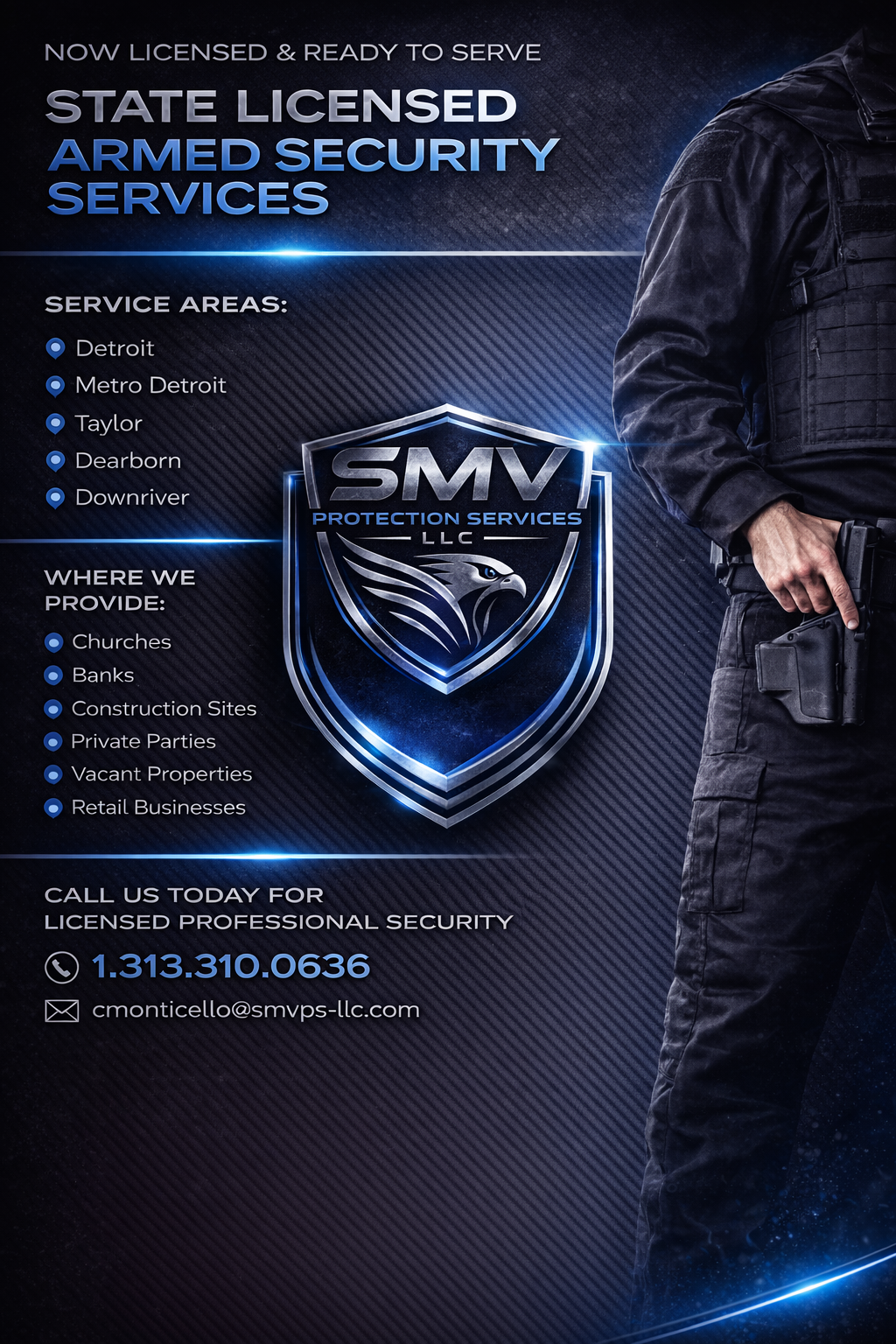 A security service advertisement featuring a person in black tactical gear on the right and a shield-shaped logo with a bird, text promoting armed security services in Detroit area, contact details, and service areas listed on a dark, textured background.