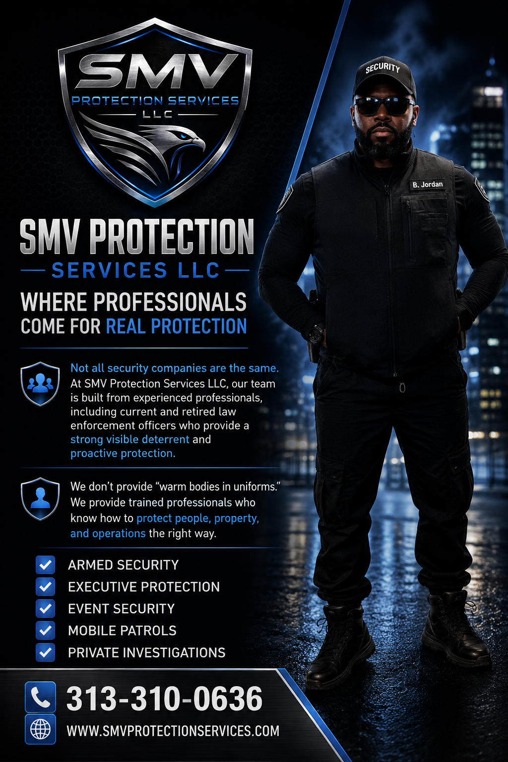 A security guard wearing sunglasses and a black vest with a badge, standing in front of a cityscape at night. The image includes the logo and branding for SMV Protection Services LLC, with information about their security services and contact details.