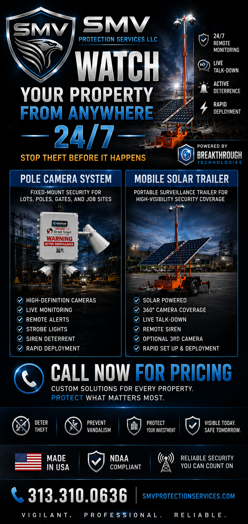 Advertisement for SMV Protection Services LLC featuring surveillance security systems including pole camera systems and mobile solar trailers, emphasizing 24/7 property monitoring and security solutions.
