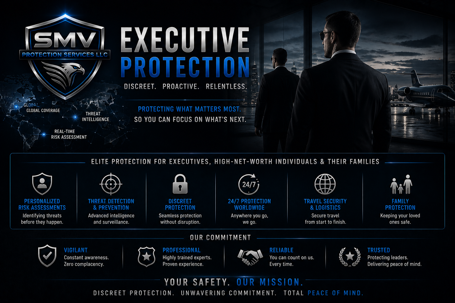 A promotional graphic for SMV Protection Services LLC featuring a dark city skyline, two men in suits, an airport tarmac with private jets, and various icons and text emphasizing elite, discreet protection services for high-net-worth individuals and their families.