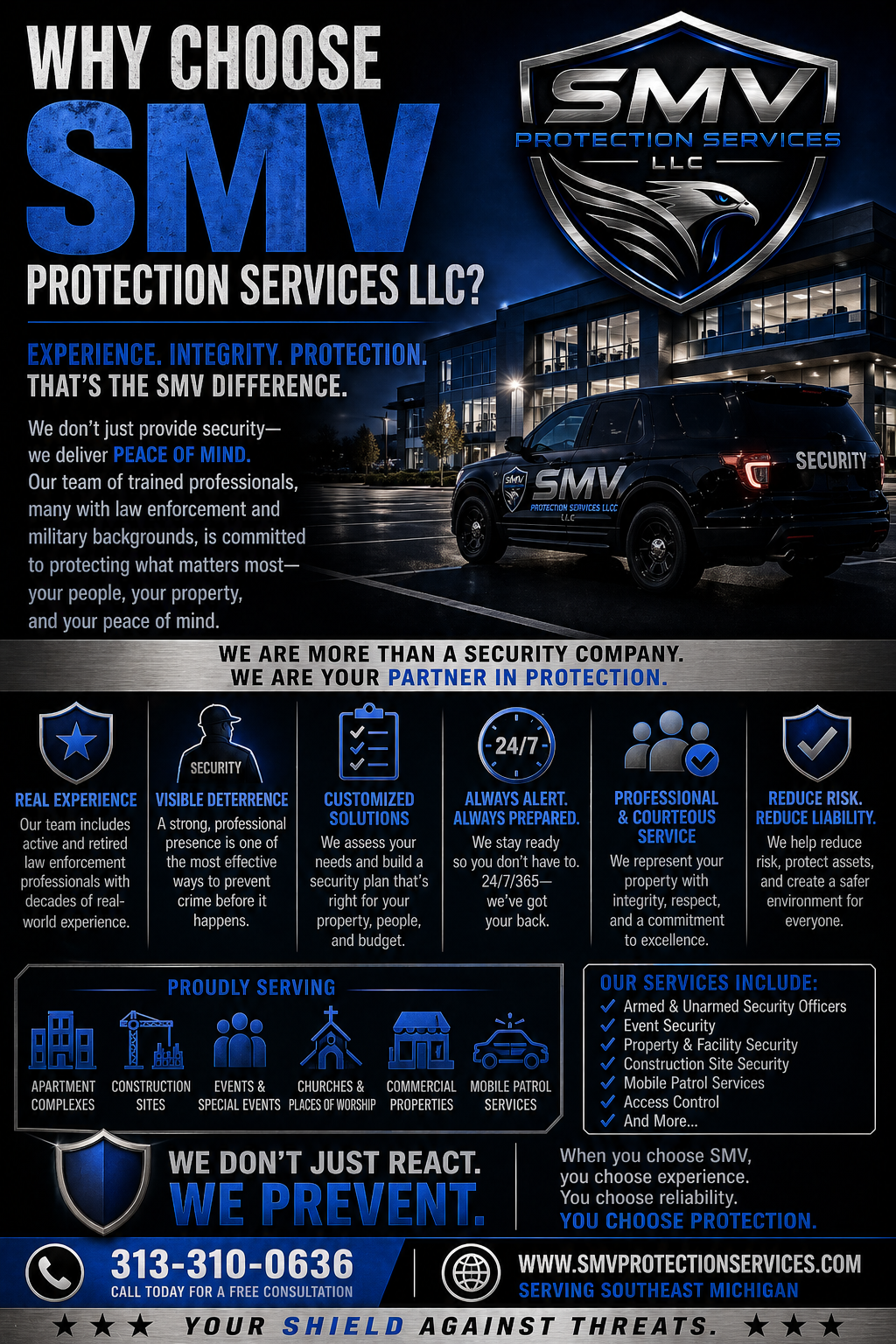Flyer for SMV Protection Services LLC features the company logo, an image of a security vehicle, and icons representing various security services including armed and unarmed officers, event security, property and construction site security, mobile patrol, access control, and more. The flyer emphasizes experience, professionalism, customized solutions, and proactive security measures for Southeast Michigan.