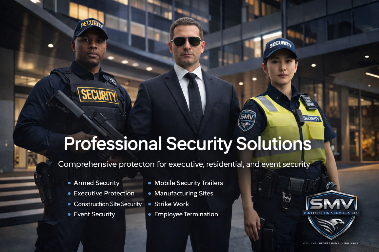 Professional security solutions you can trust. SMV Protection Services LLC provides armed security, executive protection, event security, construction site security, and manufacturing site protection across Metro Detroit and Michigan.