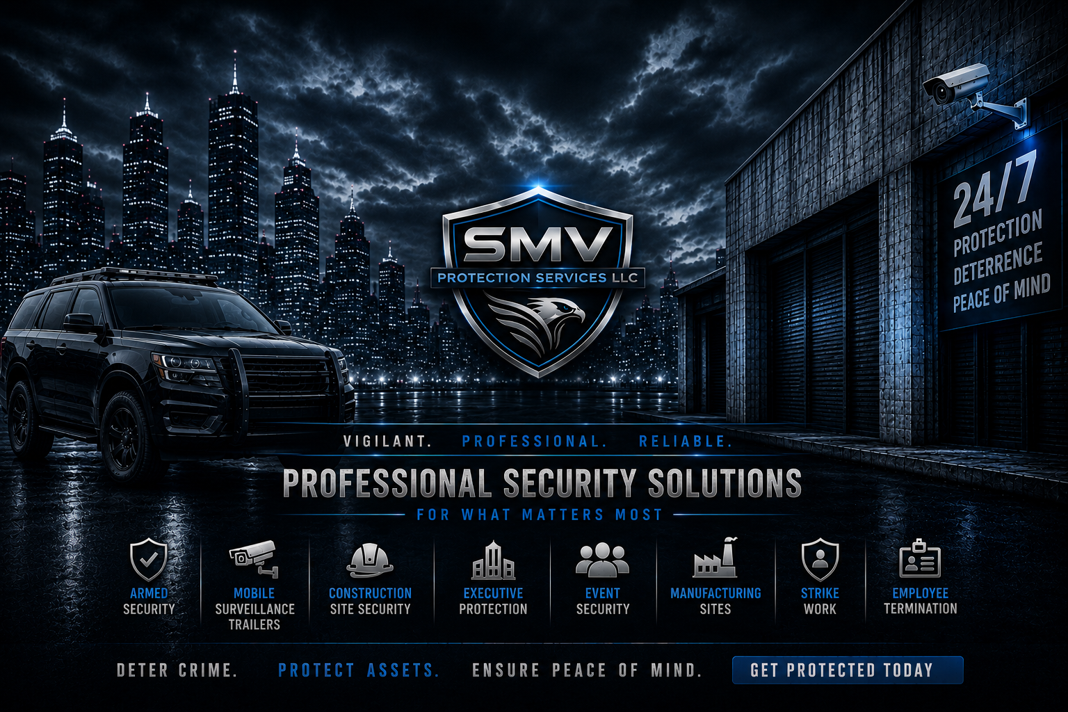 A digitally enhanced nighttime cityscape background with a black SUV parked on a reflective wet street. The image features the logo and branding of SMV Protection Services LLC, emphasizing security services such as armed security, mobile surveillance trailers, construction site security, executive protection, event security, manufacturing site security, strike work, and employee termination. Prominent text promotes protection, deterrence, and peace of mind, ending with a call to action button to get protected today.