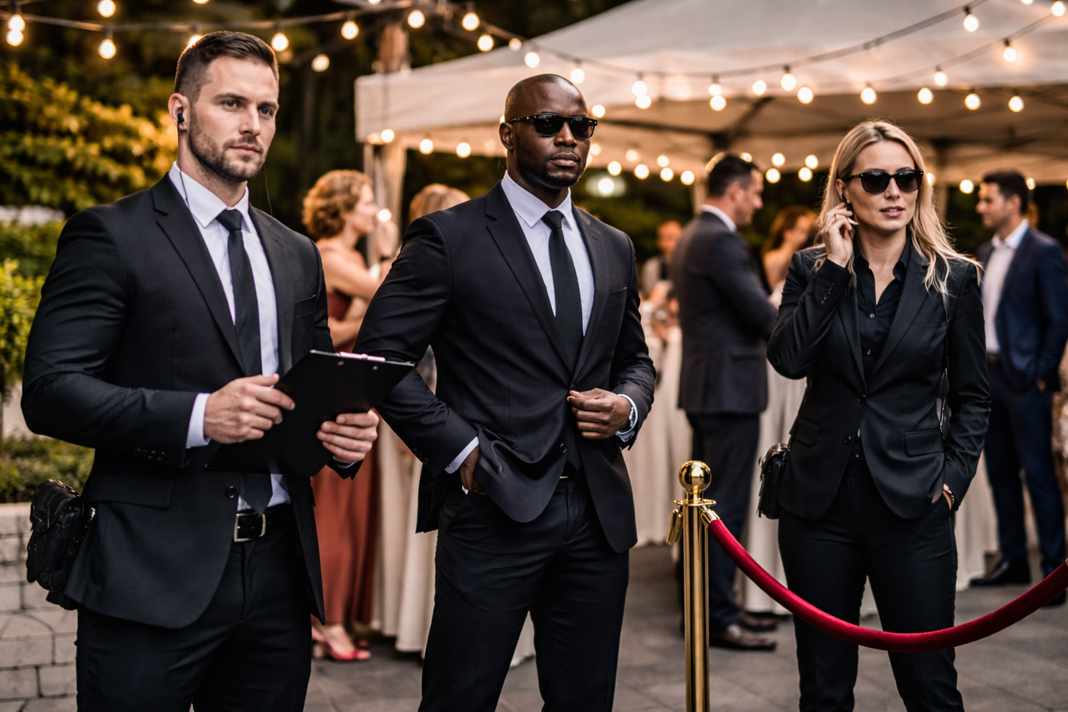 Three security personnel, two men and one woman, standing at a formal event, dressed in black suits with earpieces and sunglasses, with a crowd of guests in the background under string lights.