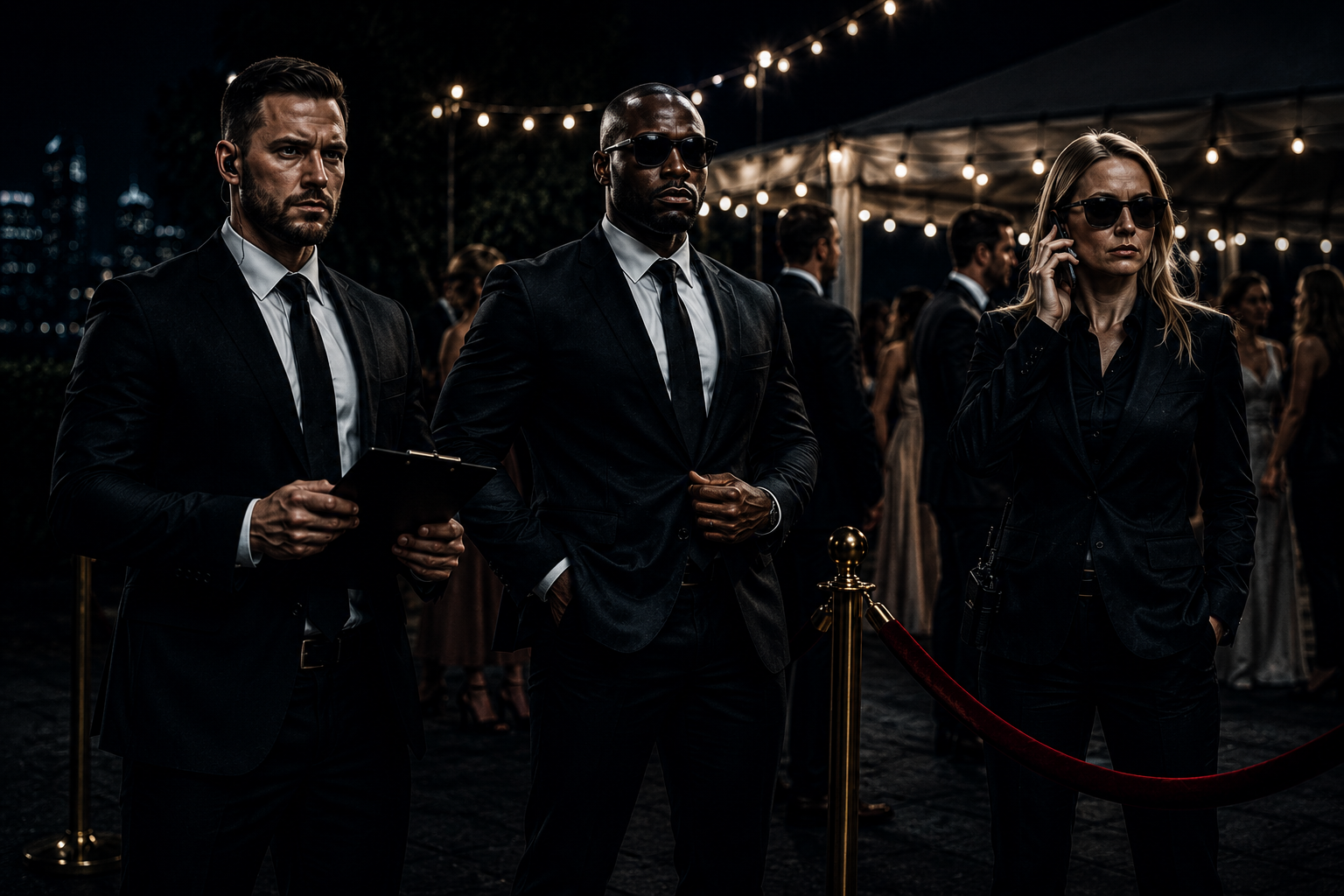 A promotional graphic for SMV Protection Services LLC featuring a dark city skyline, two men in suits, an airport tarmac with private jets, and various icons and text emphasizing elite, discreet protection services for high-net-worth individuals and