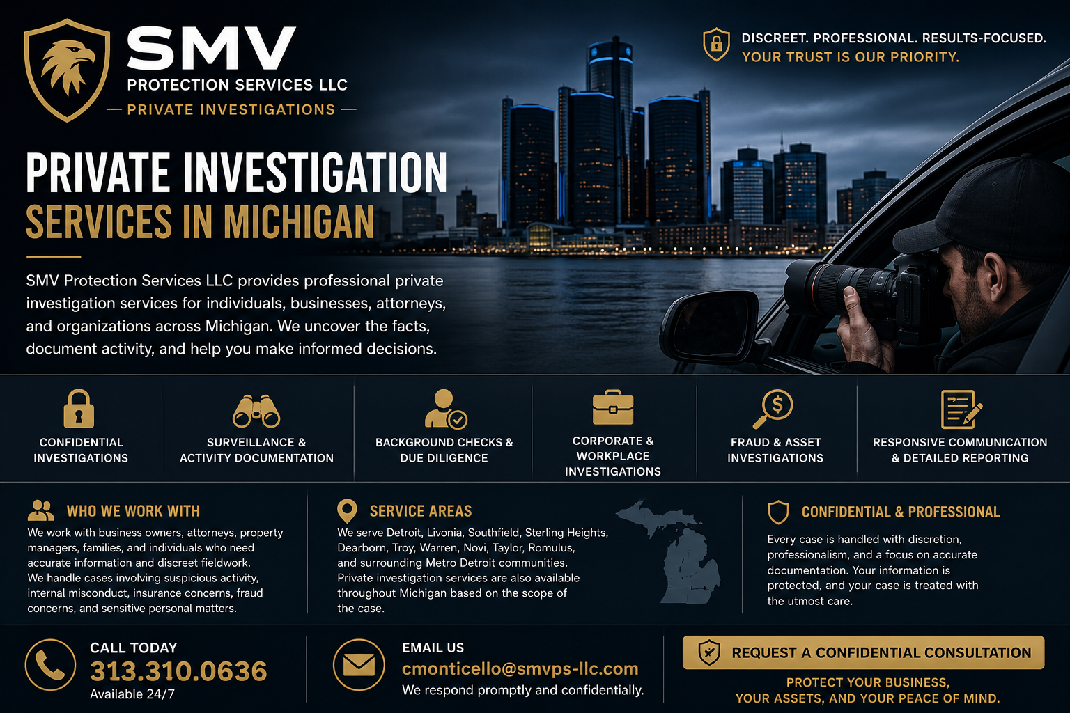 Marketing poster for SMV Protection Services LLC promoting private investigation services in Michigan. Includes skyline of Detroit at night, a man with a camera in a car, and icons representing confidentiality, surveillance, background checks, corporate investigations, fraud investigation, and communication. Contact info and service area details are provided.