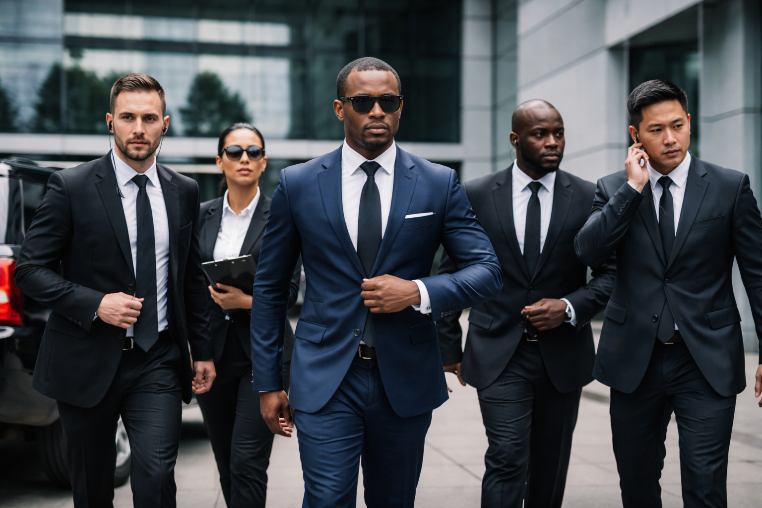 A group of five diverse business professionals walking outside a modern building, all dressed in black suits, with one man in a blue suit leading, three men and one woman in the background.