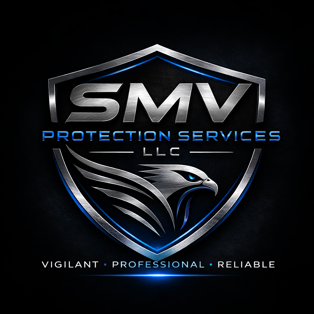 A professional logo for SMV Protection Services LLC featuring a metallic shield with an eagle's head, blue accents, and words 'Vigilant, Professional, Reliable' at the bottom.