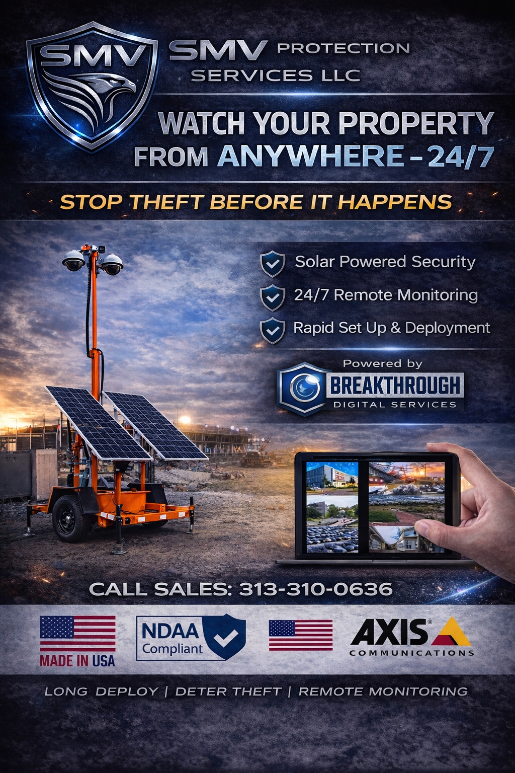 An advertisement for SMV Protection Services LLC featuring a mobile security system with solar panels and cameras, offering 24/7 remote property monitoring with features like solar-powered security and rapid setup. The ad includes a contact number, mentions compliance standards, and emphasizes theft deterrence and remote monitoring.