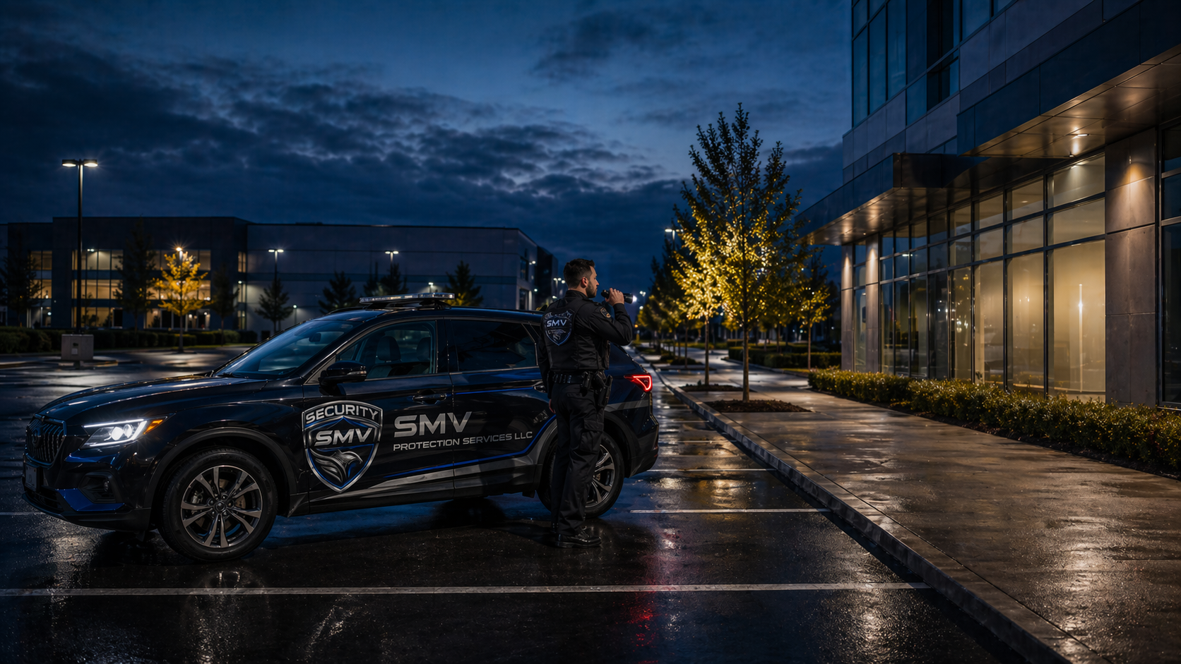 A security guard in uniform standing next to a black security vehicle with 'SMV' and 'Protection Services LLC' markings, using binoculars outside a modern building at night, illuminated by streetlights, with wet pavement and lit trees in the background.