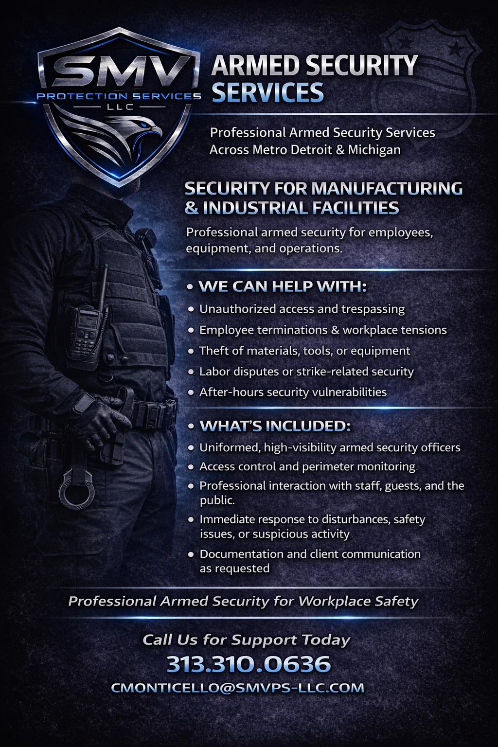 Advertisement for SMV Protection Services LLC, a provider of armed security services across Metro Detroit and Michigan. Features an armed security officer in tactical gear and details services for manufacturing and industrial facilities, including patrols, access control, and response to disturbances. Contains contact information including phone number 313.310.0636 and email cmonticello@smvps-llc.com.