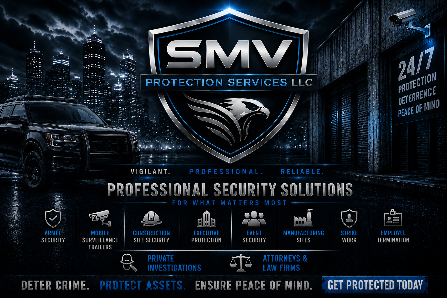 Nighttime cityscape with a security vehicle and a building, featuring a large shield emblem with a bird's head logo for SMV Protection Services. We provide customized security solutions for:

• Armed Security Services
• Executive Protection Services